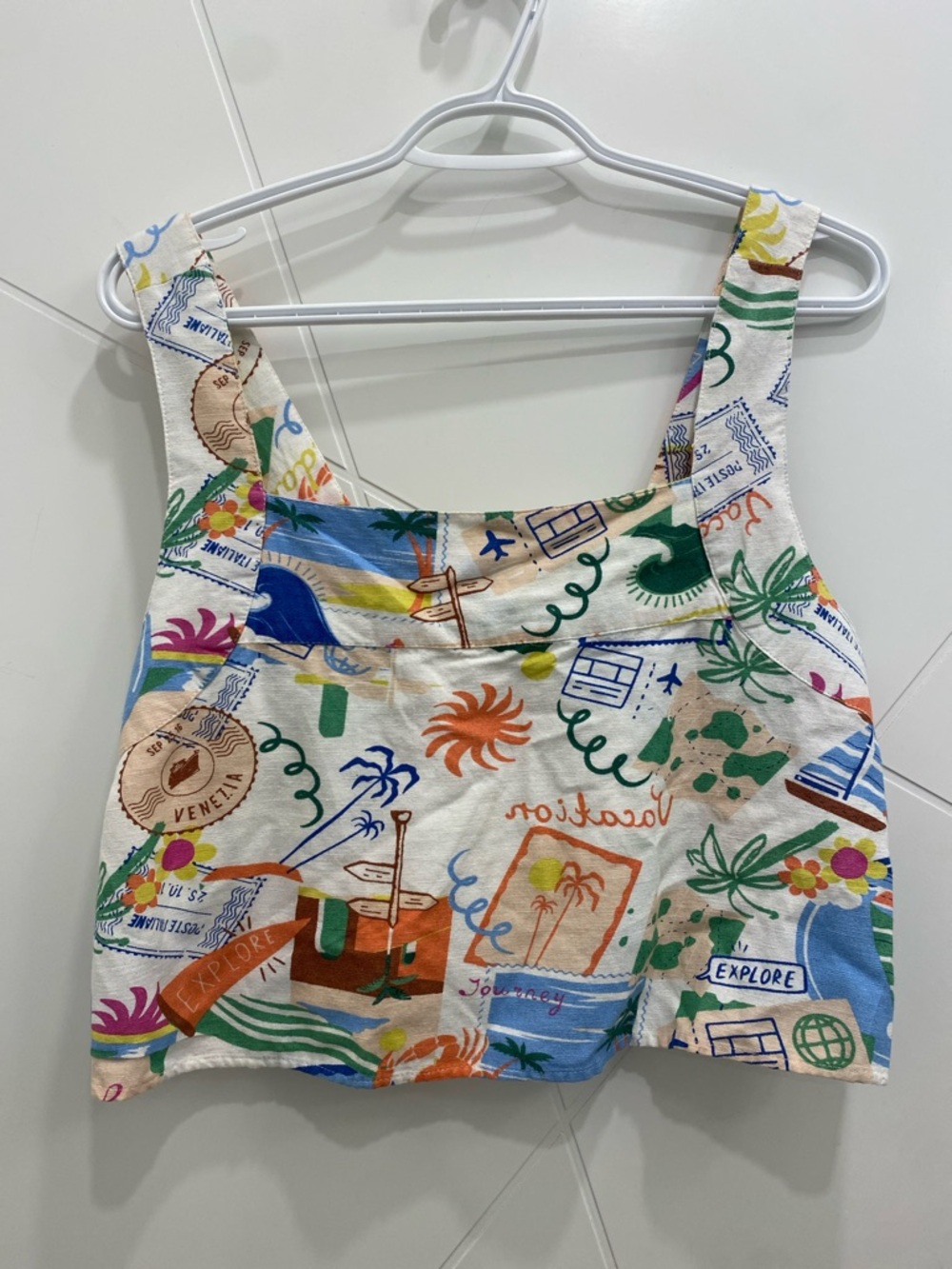 Japna | Linen Blend Vacation Print Smocked Crop Top Size M | Resort Wear